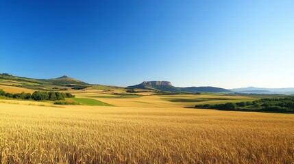 Obraz premium Golden wheat field under a clear blue sky, symbolizing agriculture and rural life.