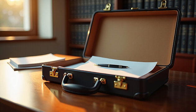 an open briefcase with legal papers and a pen resting on top, placed on a lawyer's desk