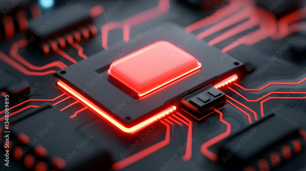 Poster close-up view of a glowing red circuit board with a central microchip