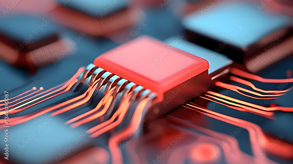 Poster close-up view of red and orange circuit board with microchips
