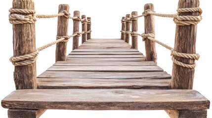 Obraz premium Rustic wooden footbridge with rope railings, isolated on a white background. Perfect for conveying concepts of transition, connection, or outdoor adventure.