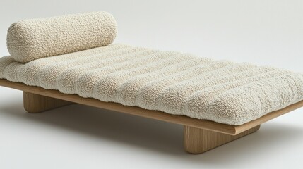 Creamy textured daybed. Wooden frame, cylinder pillow. Minimalist design, comfort