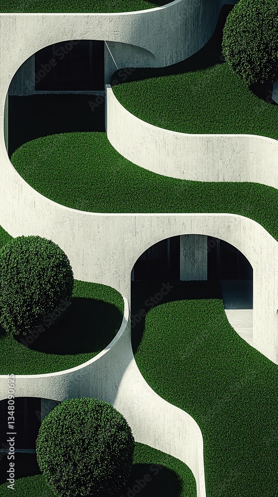 Poster a modern architectural design featuring curved pathways and green landscaping, creating a harmonious
