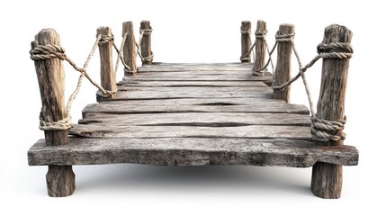 Obraz premium Rustic wooden footbridge with rope railings, isolated on a white background. Perfect for conveying concepts of transition, connection, or outdoor adventure.