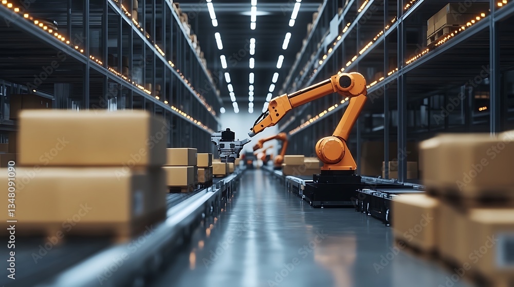 Poster automated warehouse: robotic arms efficiently sorting packages on conveyor belts