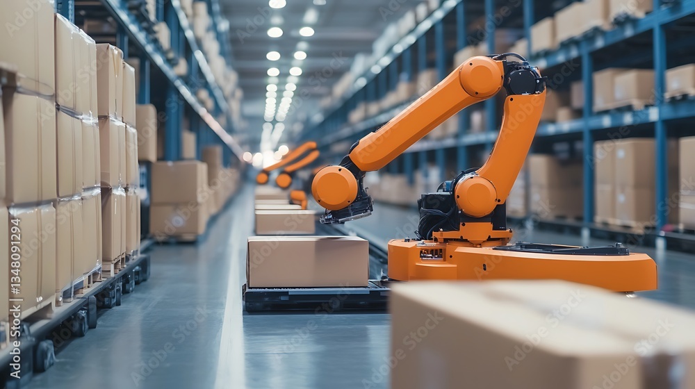 Poster automated warehouse: orange robotic arms efficiently sorting packages on conveyor belts