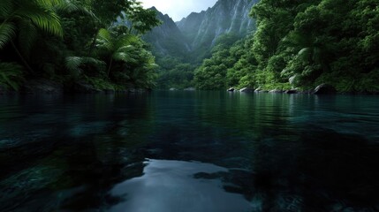 Obraz premium Tranquil river flowing through a lush rainforest valley. Deep, still water reflects the surrounding dense foliage and towering mountains