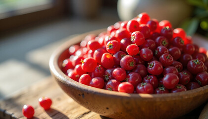a close-up of fresh goji berries with a vibrant red color, piled in a wooden bowl, softly illuminated by natural daylight with a blurred rustic kitchen background 