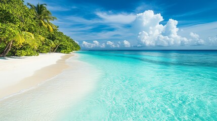 Tropical beach with white sand and crystal-clear turquoise water, perfect for travel and vacation themes.