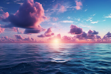 painting bursts with an array of captivating blue hues that dance harmoniously across vast expanse of sea and sky, as ethereal interplay of light and clouds creates a spectacle, forging an indelible b