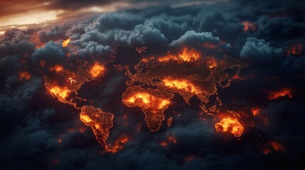 Abstract Fiery World Map Emerging from Dark Clouds Symbolizing Global Crisis and Climate Change