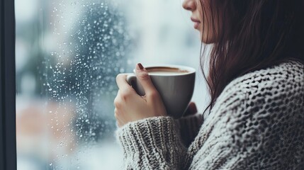 Woman in a cozy sweater holding a cup of hot coffee near a window on a rainy day. 