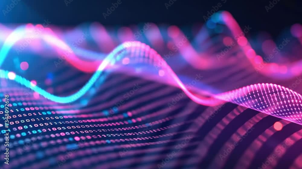 Poster vibrant digital waves in colorful hues create mesmerizing visual of data flow, showcasing technology