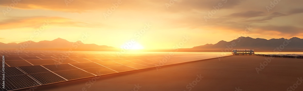 Poster sunrise over a solar panel field with mountains in the background.