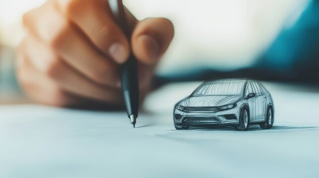 A hand is skillfully sketching a car on paper in a well-lit workspace, showcasing creativity and design