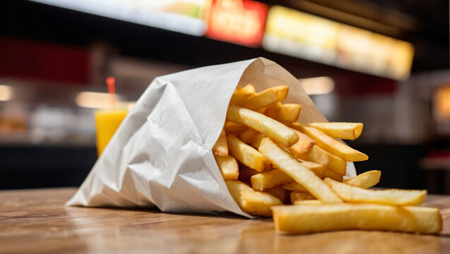 Bag of french fries in a restaurant background. Fast food snack lunch wallpaper. Crispy vibrant savory golden texture.