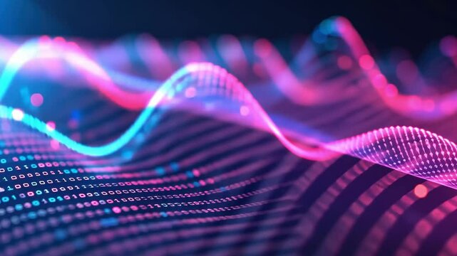 Vibrant digital waves in colorful hues create mesmerizing visual of data flow, showcasing technology and innovation through interplay of binary code and connectivity.