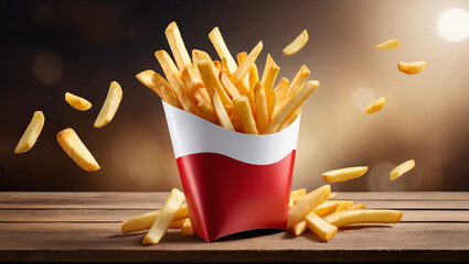 Bag of french fries in a restaurant background. Fast food snack lunch wallpaper. Crispy vibrant savory golden texture.