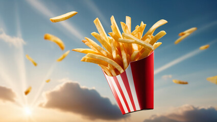 Falling fries flying with bag of french fries in a restaurant background. Fast food snack lunch wallpaper. Crispy vibrant savory golden texture.
