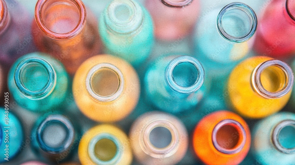 Poster a vibrant collection of glass bottles in multiple colors and shapes is displayed, reflecting light a