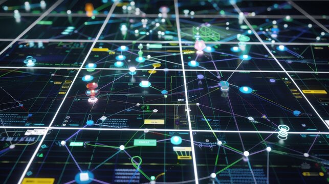 Interconnected device mesh shows a multi-platform compatibility matrix, a unified software deployment visualization grain with network nodes.