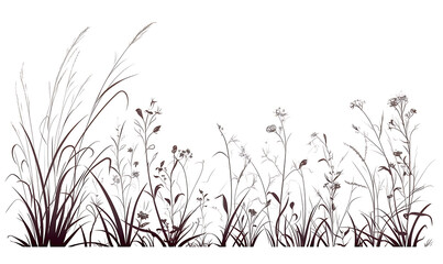 .Illustration of trees, leaves, grass and various botanical elements on a white background.
