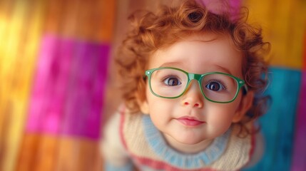 A toddler with curly hair and green glasses gazes upward, showcasing innocence and curiosity against a vibrant, multicolored floor