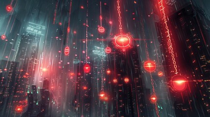 Obraz premium Neon binary code rains on a dark cityscape glowing red warning symbols float digital art holographic security breached.