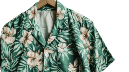 Green hawaiian shirt with tropical flowers hanging on wooden hanger with transparent background