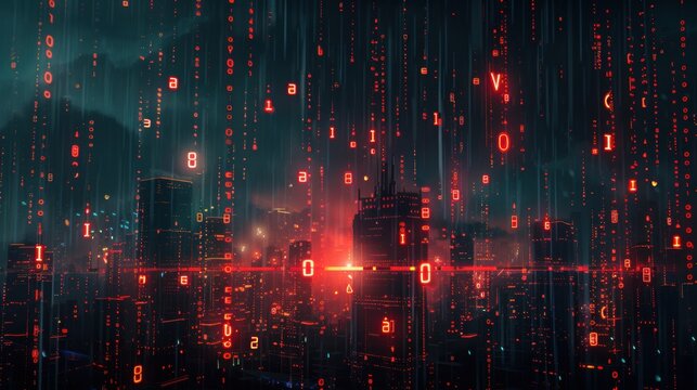 Neon binary code rains on a dark cityscape, with glowing red warning symbols as digital art style security breaches occur.