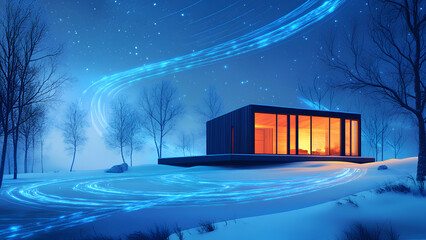 Magical Winter Cabin with Blue Glowing Lights and Snowy Forest Background