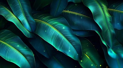 Obraz premium Lush Green Tropical Leaves Illuminated With Glowing Lights