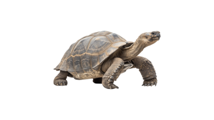 A galapagos tortoise walking slowly on a black background in a studio shot looking to the right