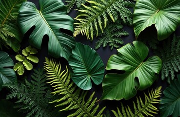 Prehistoric plants pattern featuring rich green fern leaves. Tropical jungle foliage with dense exotic flora. Botanical background with vibrant greenery, freshness and organic environment.
