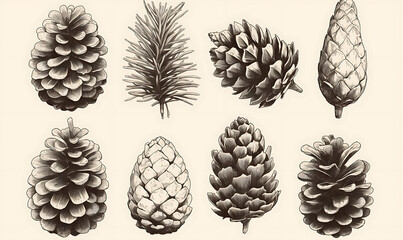 .Illustration of trees, leaves, grass and various botanical elements on a white background.