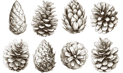 .Illustration of trees, leaves, grass and various botanical elements on a white background.