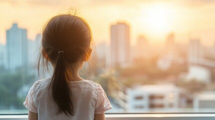 A young girl stands by a window, admiring a vibrant sunset that casts warm colors across a bustling city skyline