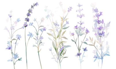 .Illustration of trees, leaves, grass and various botanical elements on a white background.