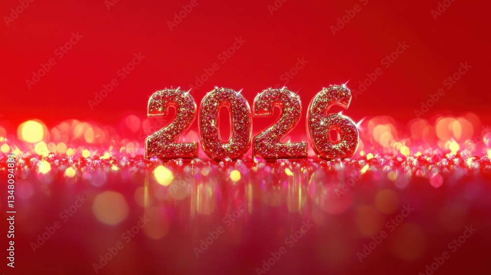 Poster bright red background showcases sparkling numbers representing the year 2026, surrounded by bokeh li