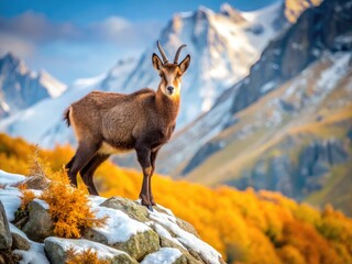 Majestic chamois grace the French Alps' autumn landscape, a November scene of golden hues and rugged peaks.