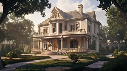 Obraz premium Victorian Mansion: A Serene Morning in the Garden