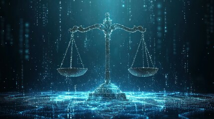 Digital justice. Scale balances on a shimmering, blue, tech-infused surface