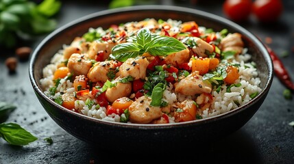 Aromatic Thai green curry chicken bamboo shoots and basil served with jasmine rice Traditional Thai dish