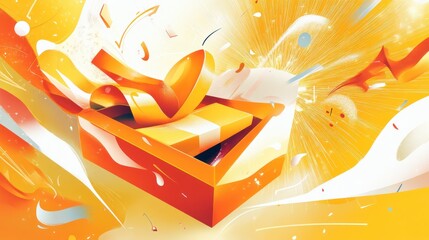 Opened gift box with explosion in the background. Celebrate and giving concept