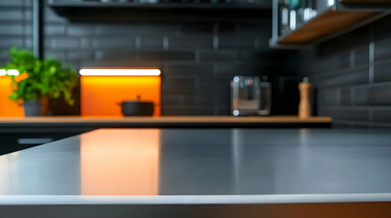 Empty Stainless Steel Kitchen Countertop with Blurred Background