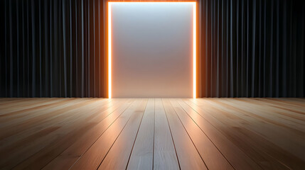 Empty Vintage Room with Glowing Orange Frame and Wooden Floor