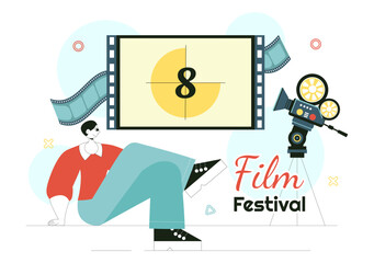 Film Festival Vector Illustration Featuring Cinematography and the Process of Shooting Movies and Films in a Studio with Camera and Filmstrip