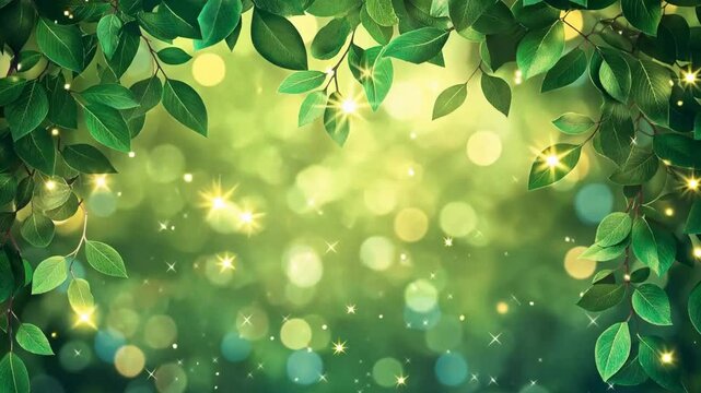 Green leaves with glowing lights and bokeh effect on a blurred natural background. Abstract nature scene with copy space. Horizontal video