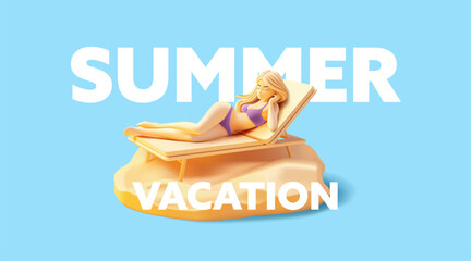 Modern banner for summer vacation, and beach relaxation. 3D young character of a girl, a woman sunbathing on a deck chair. For summer, relaxation, and resort concepts. Vector illustration.