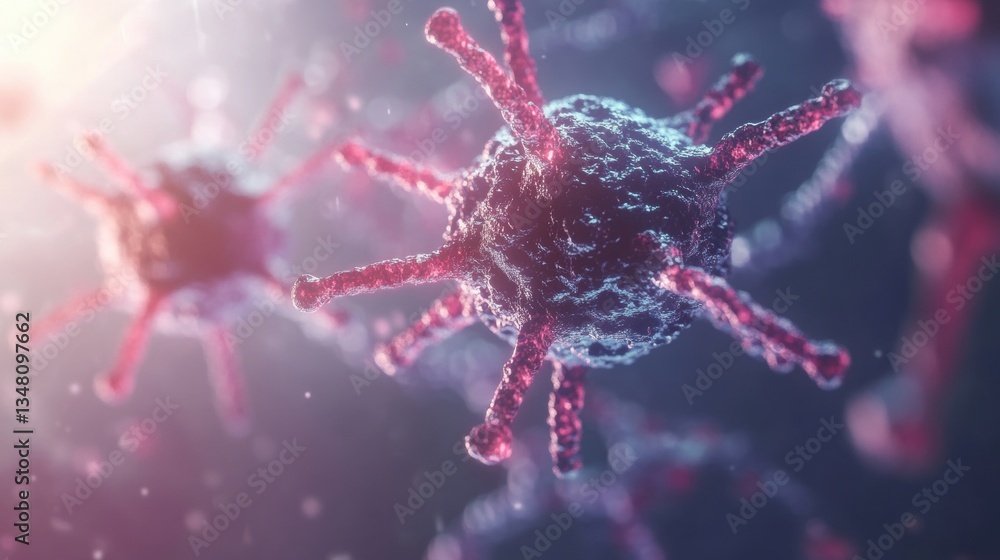 Poster close-up view of a virus with detailed spikes and surface textures illuminated by soft light, creati